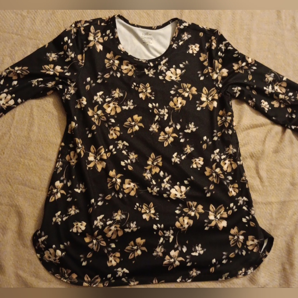 J JILL FIT Performance Floral Black and Cream Long Sleeve Women's Top Size M